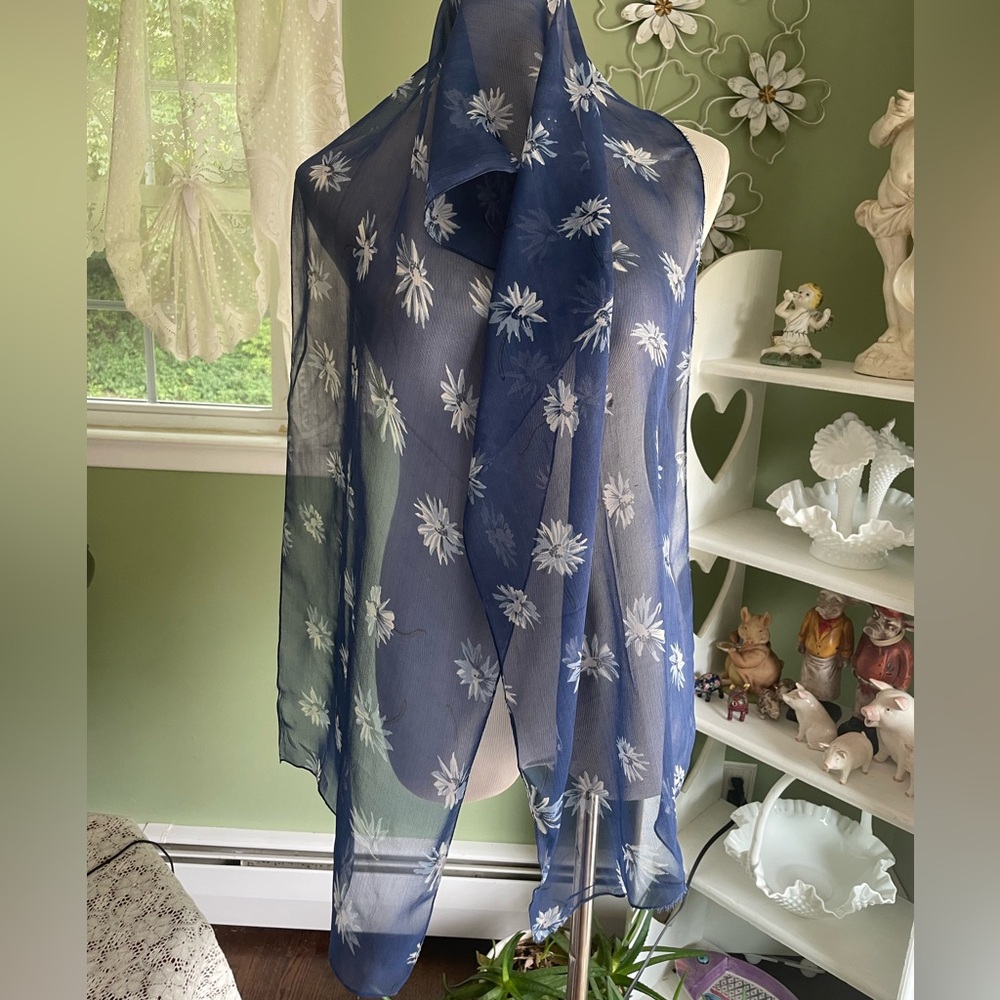 Vintage Blue and white floral silk scarf 14x65